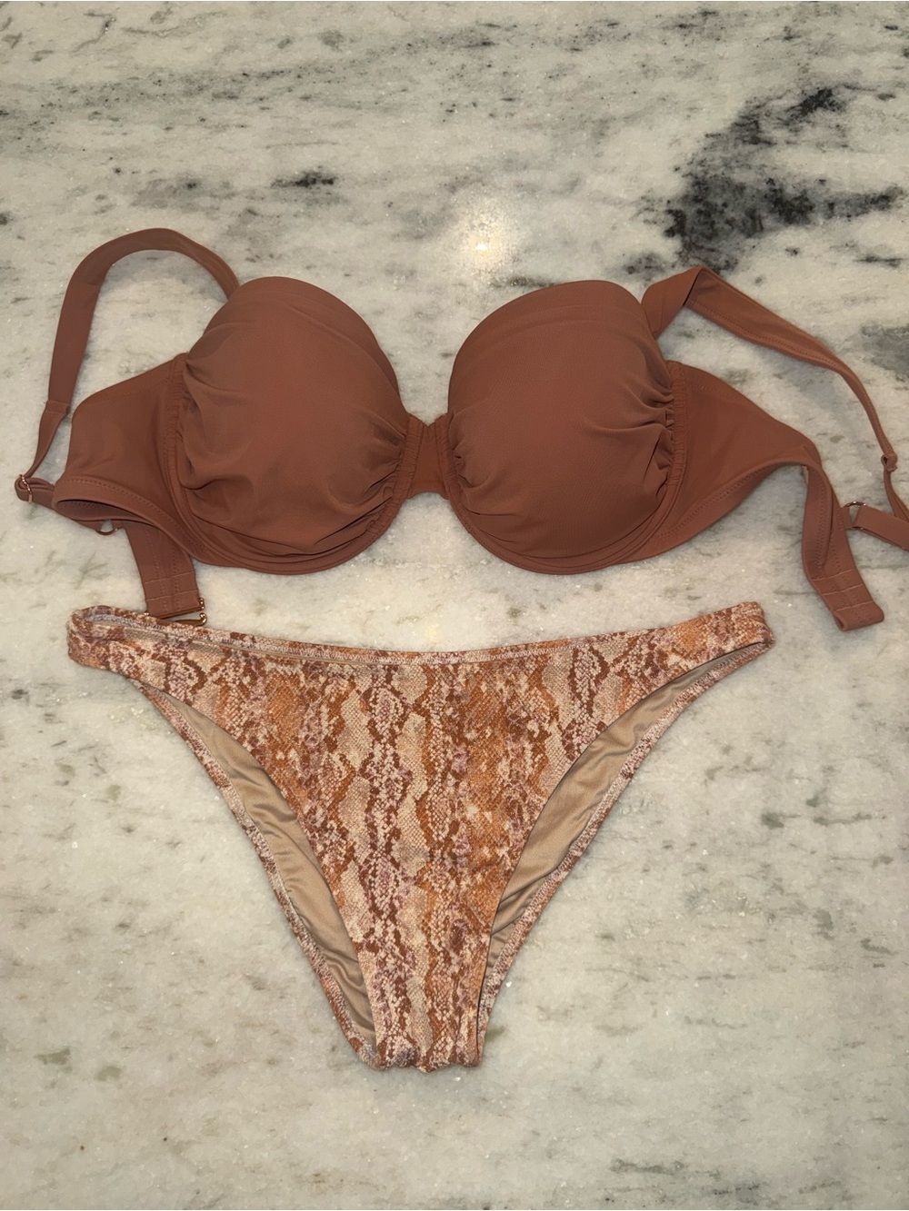 Shade & Shore Rust Brown Bra-Style Bikini Top with Snake-Print Bottom